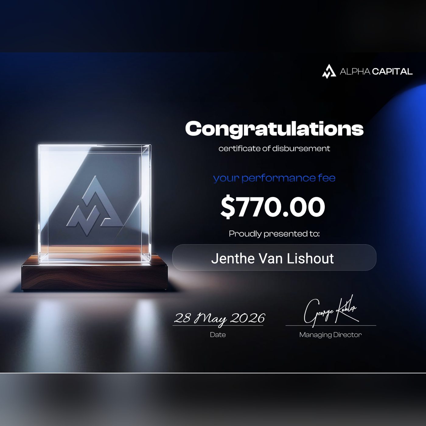 Alpha Capital payout $770.00 — 28 May 2026