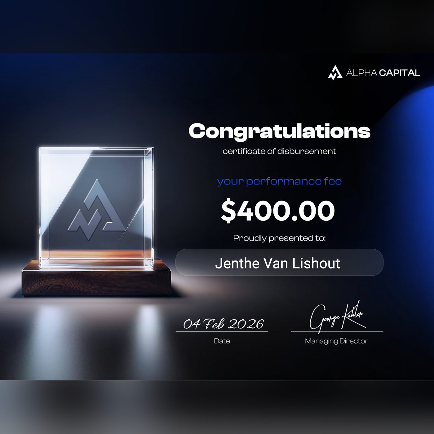 Alpha Capital payout $400.00 — 4 Feb 2026